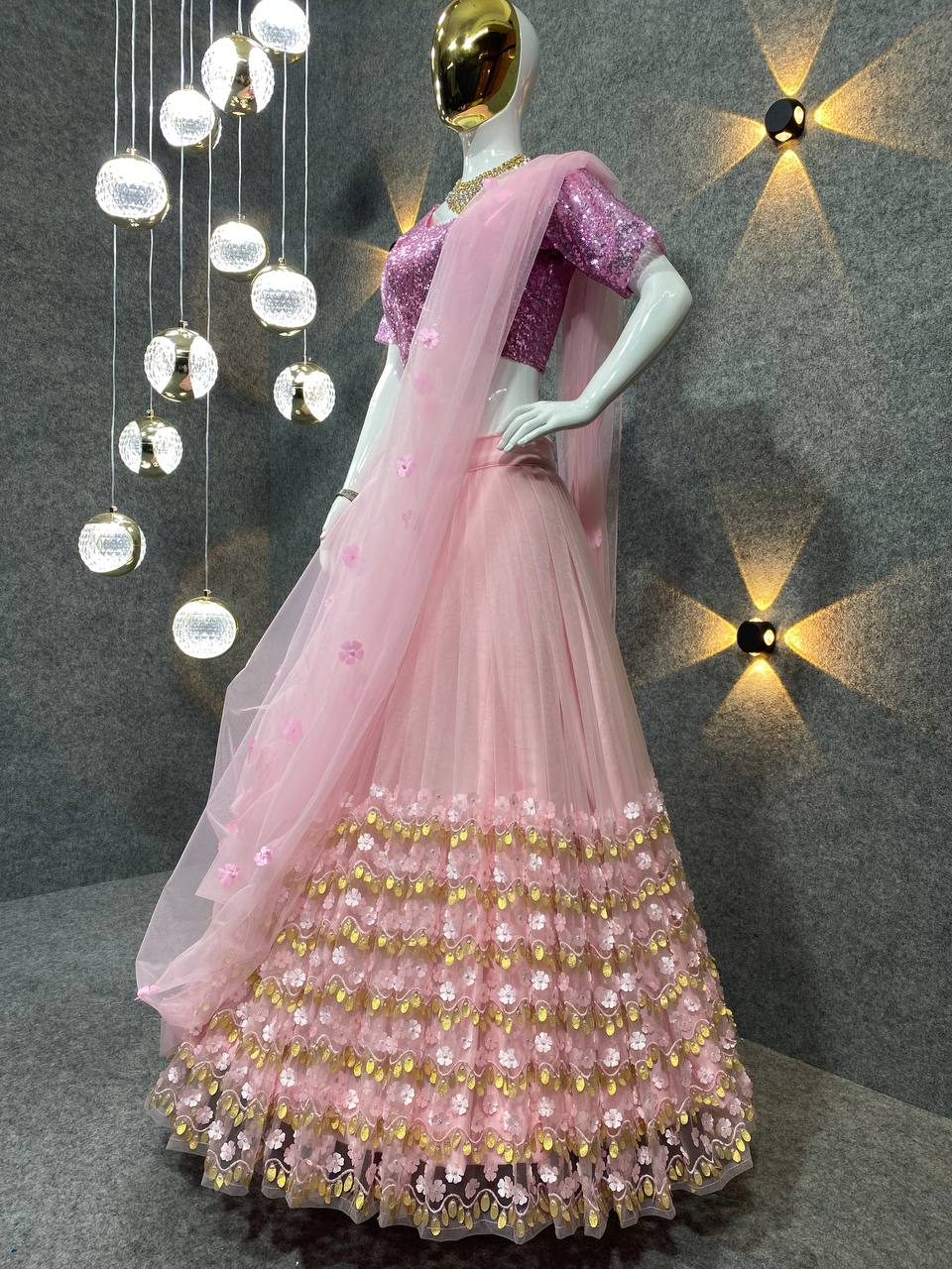 Pink Lehenga Choli In Nylon Mono Net With Embroidery Work