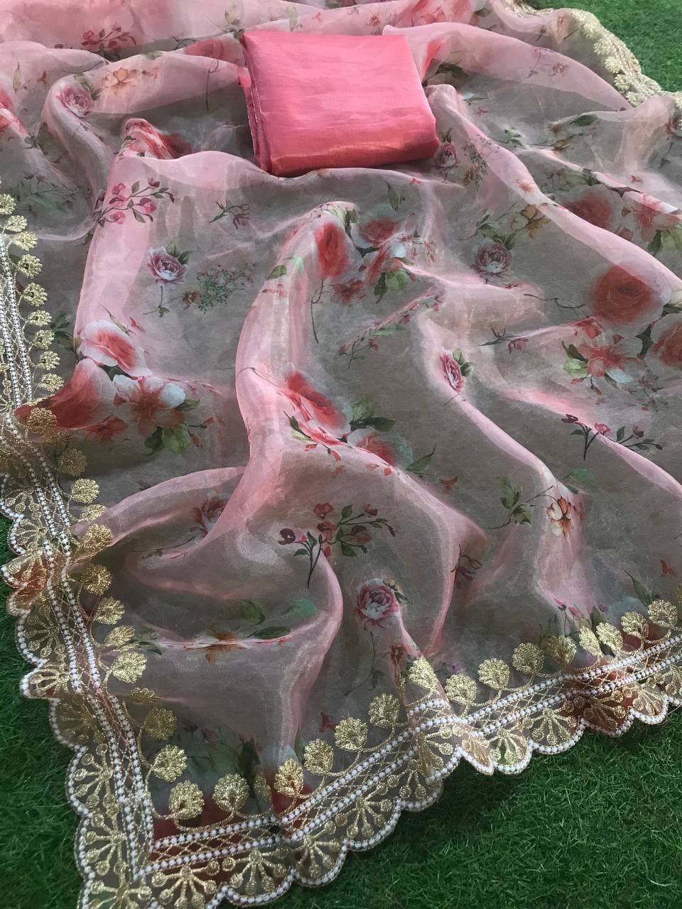 Pink Saree In Organza Silk With Digital Print