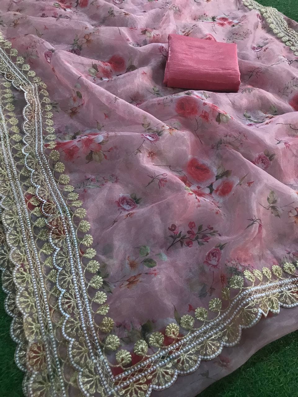 Pink Saree In Organza Silk With Digital Print