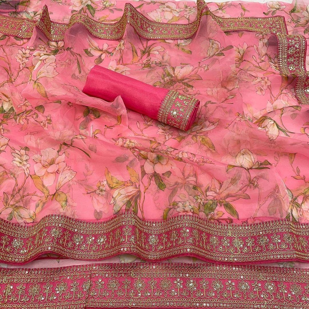 Pink Saree In Organza Silk With Digital Print