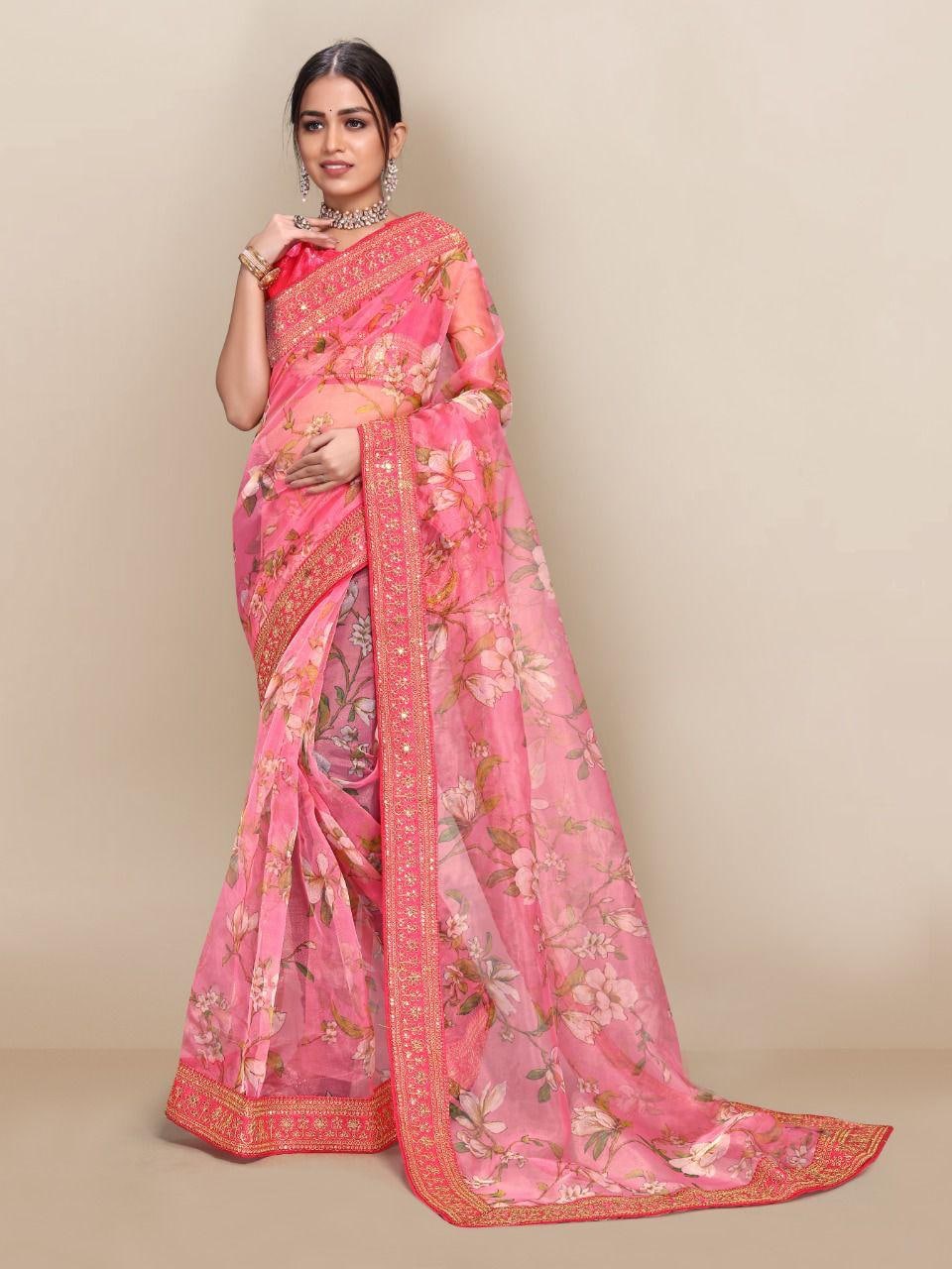 Pink Saree In Organza Silk With Digital Print