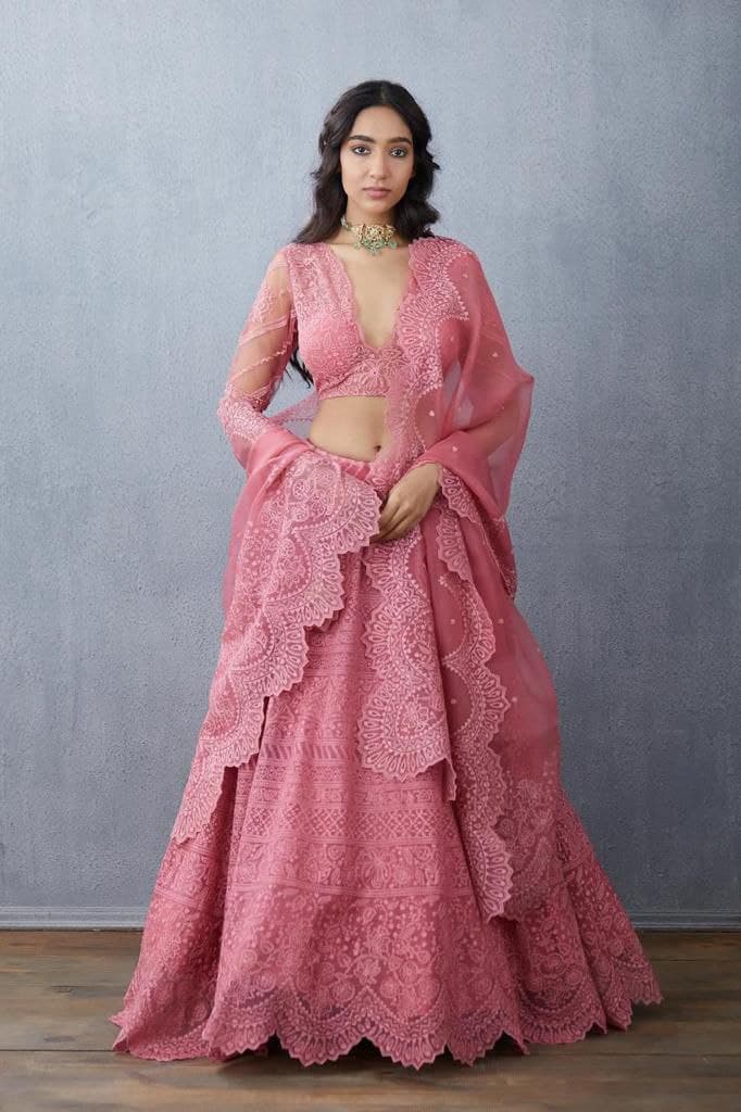 Pink Lehenga Choli In Organza Silk With Embroidery Work