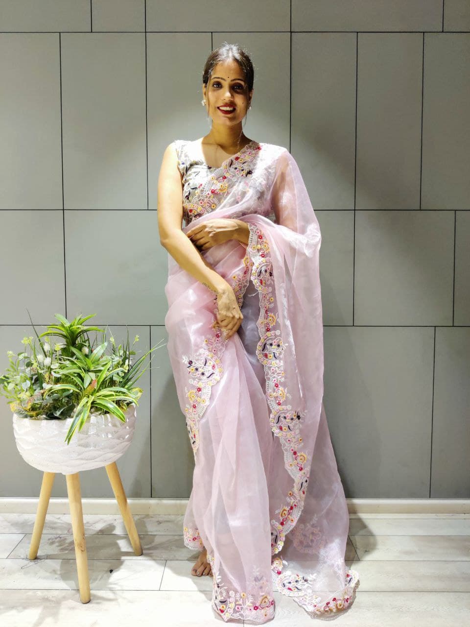 Pink Saree In Organza Silk With Multi Thread Work