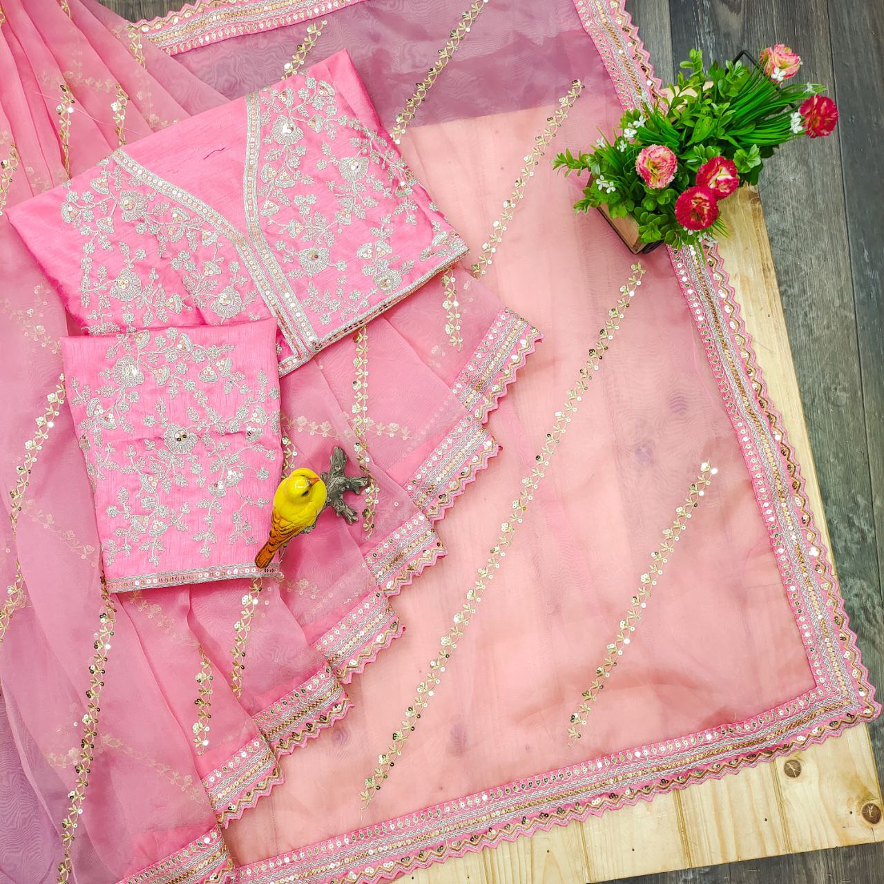Pink Saree In Organza Silk With Sequence Work