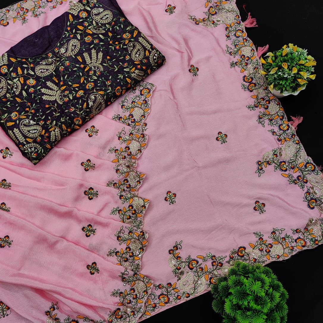 Pink Saree In Rangoli Silk With Embroidery Work