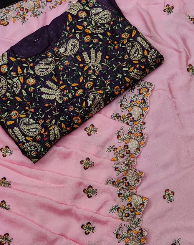 Pink Saree In Rangoli Silk With Embroidery Work