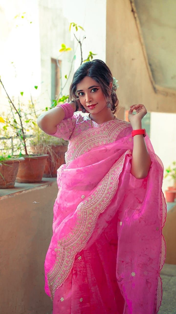 Pink Saree In Organza Silk With Digital Print