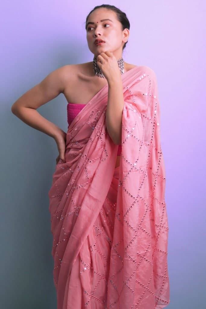 Pink Saree In Satin With Paper Mirror Work