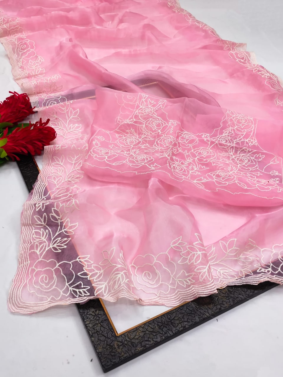 Pink Saree In Soft Organza With Cut Pallu Embroidery Multi Work