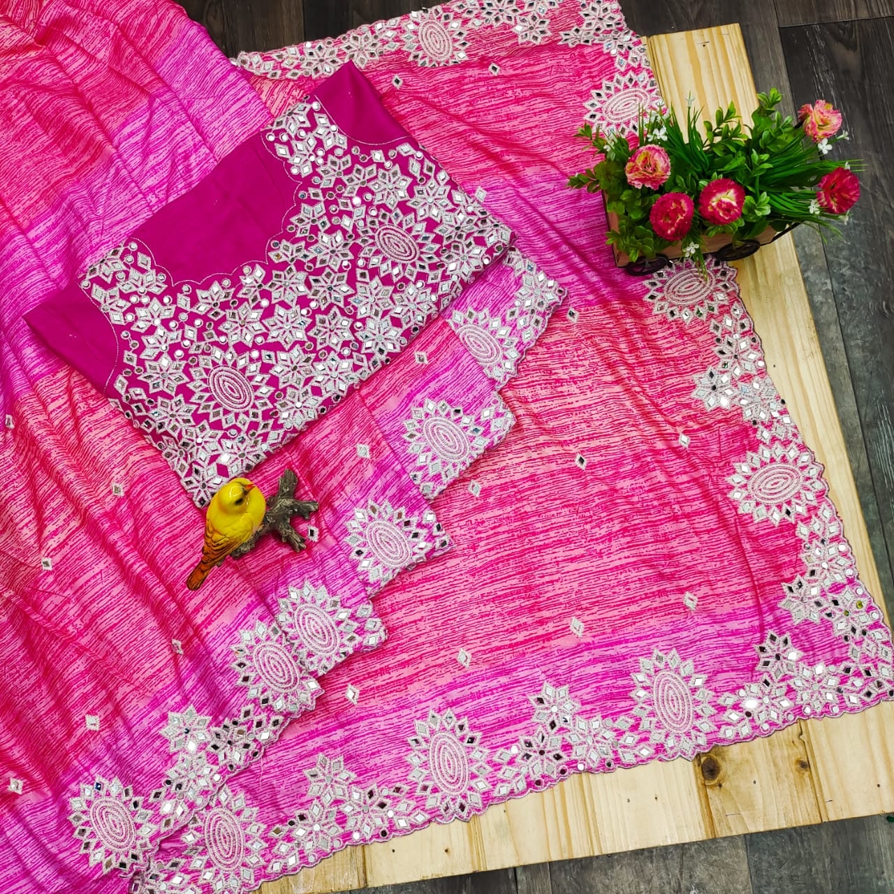 Pink Saree In Vichitra Silk With Digital Print With