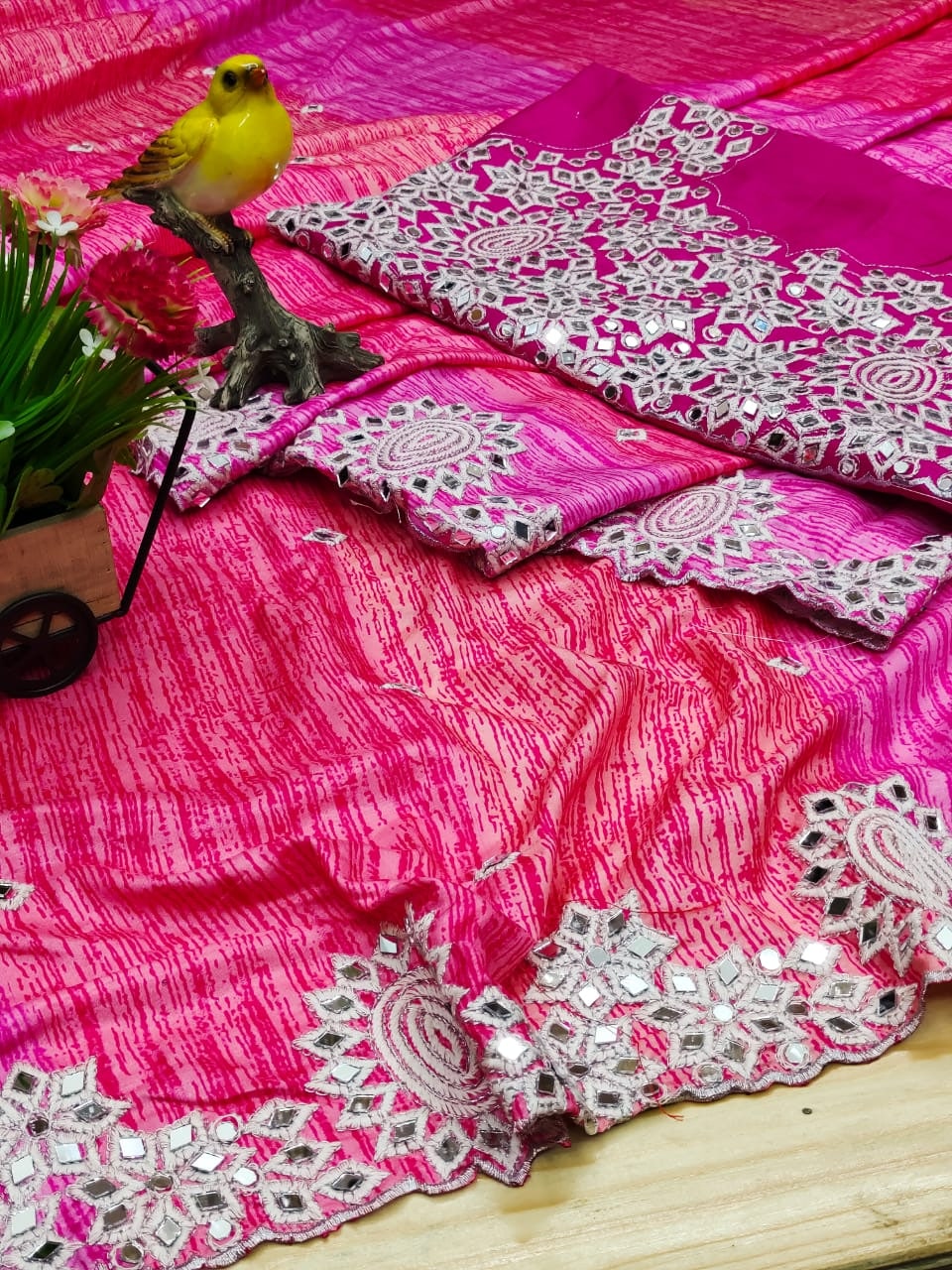 Pink Saree In Vichitra Silk With Digital Print With