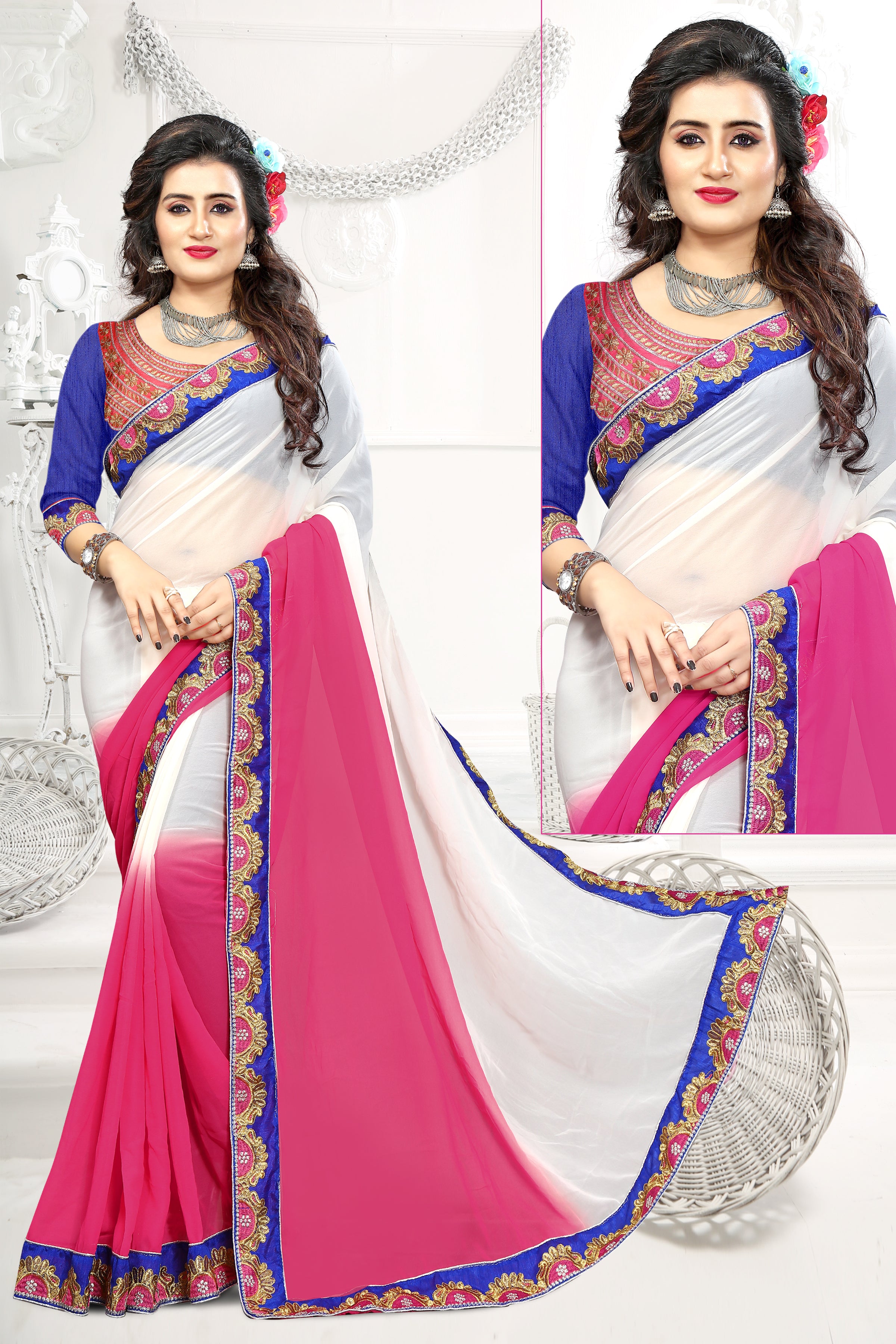 Pink White Saree In 60 GM Georgette Padding With Fancy Thread Work