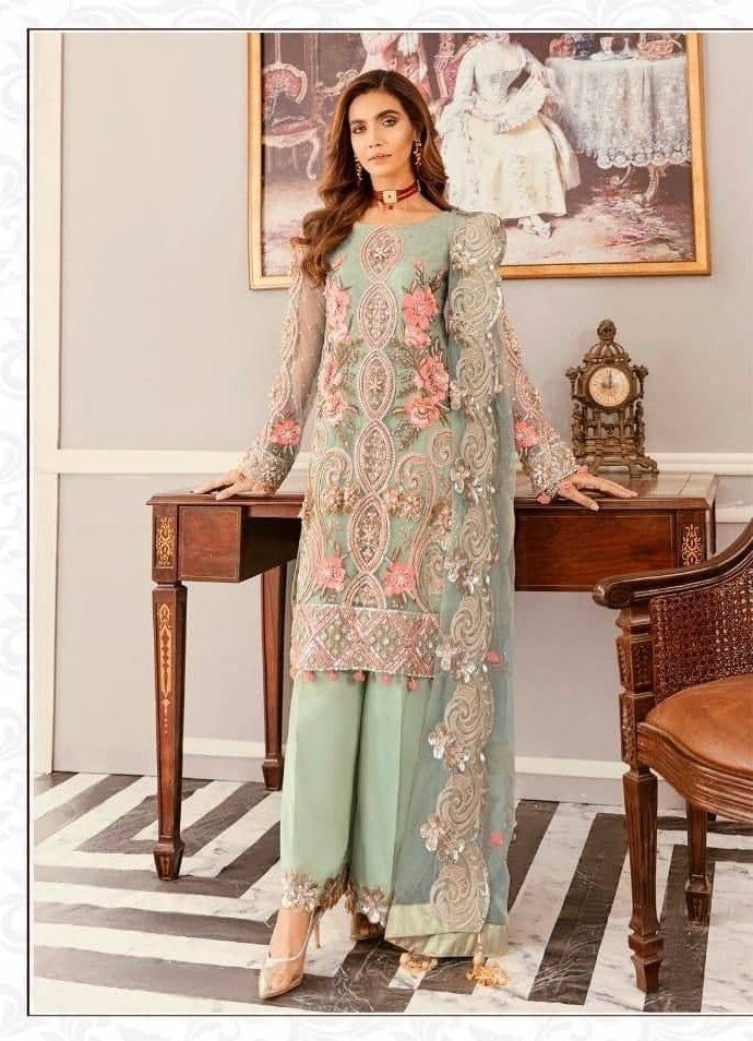 Pista Green Palazzo Suit In Nylon Mono Net With Embroidery Work