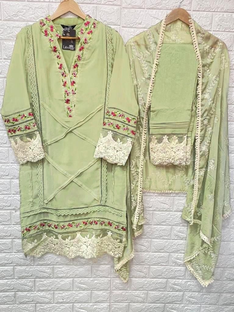 Pista Salwar Suit In Fox Georgette With Embroidery Work