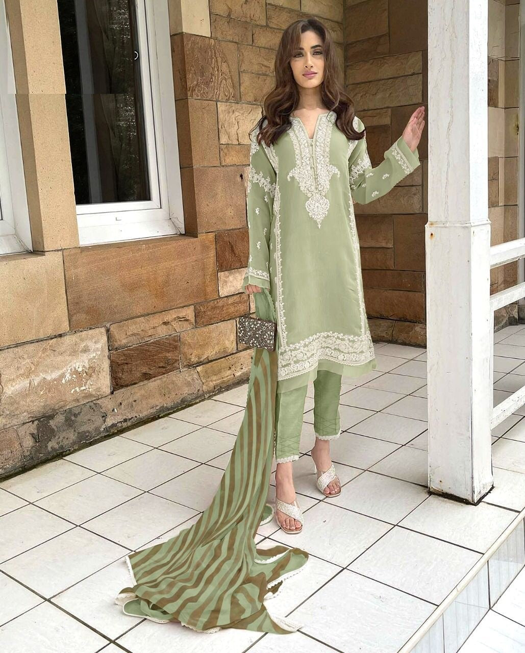 Pista Salwar Suit In Fox Georgette With Embroidery Work