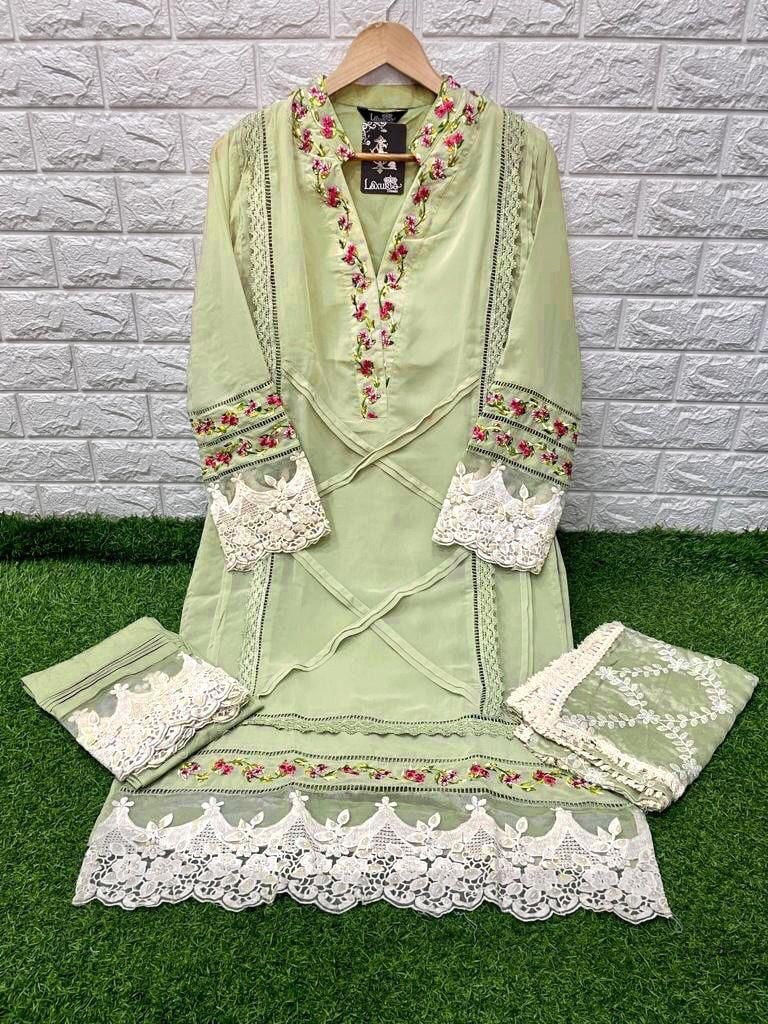 Pista Salwar Suit In Fox Georgette With Embroidery Work