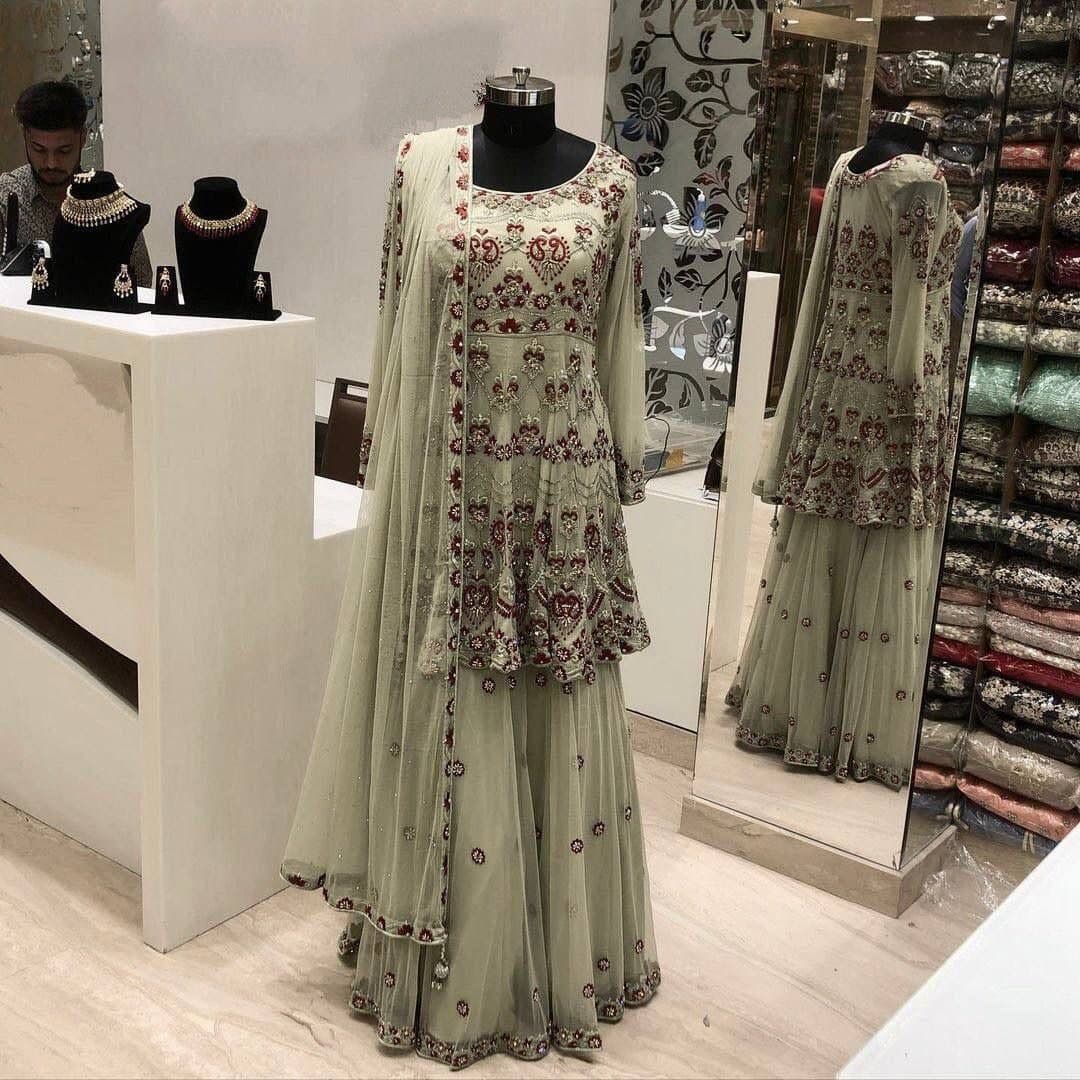 Pista Sharara Suit In Fox Georgette Silk With Embroidery Work