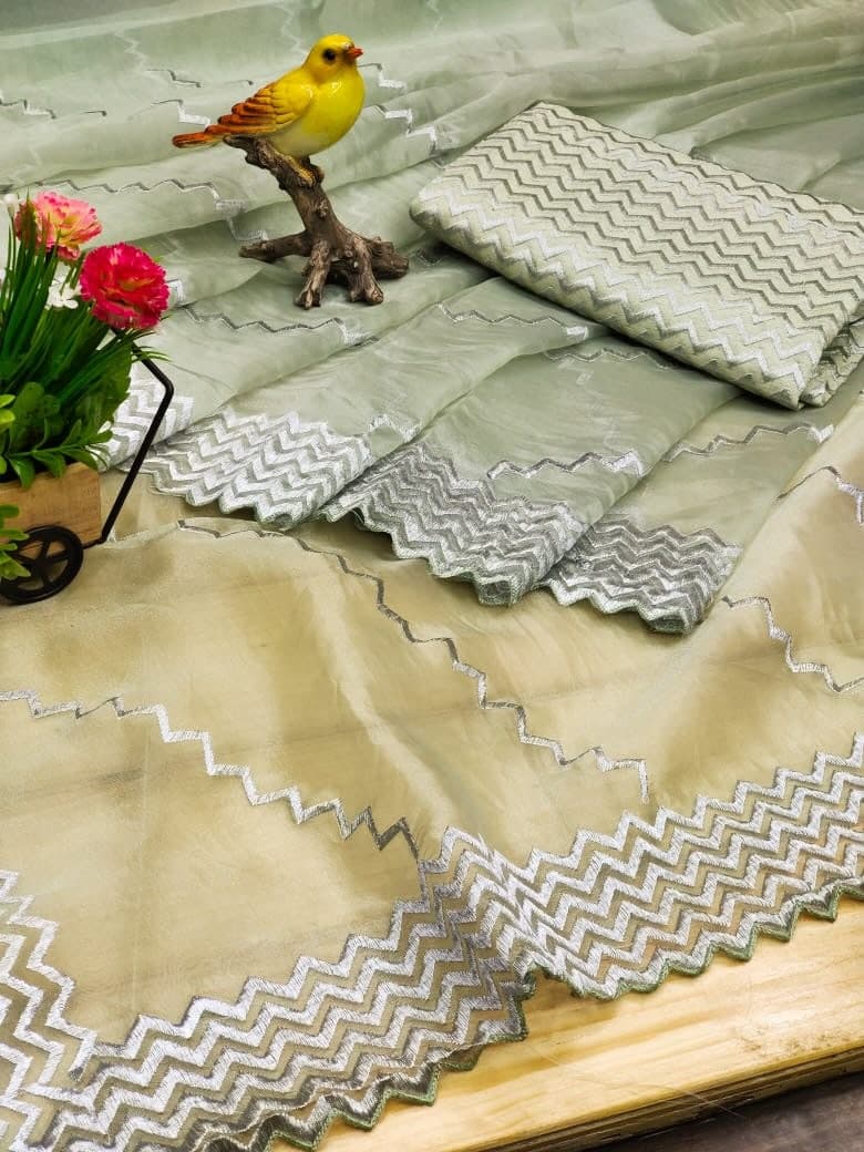 Pista Green Saree In Organza Silk With Embroidery Work