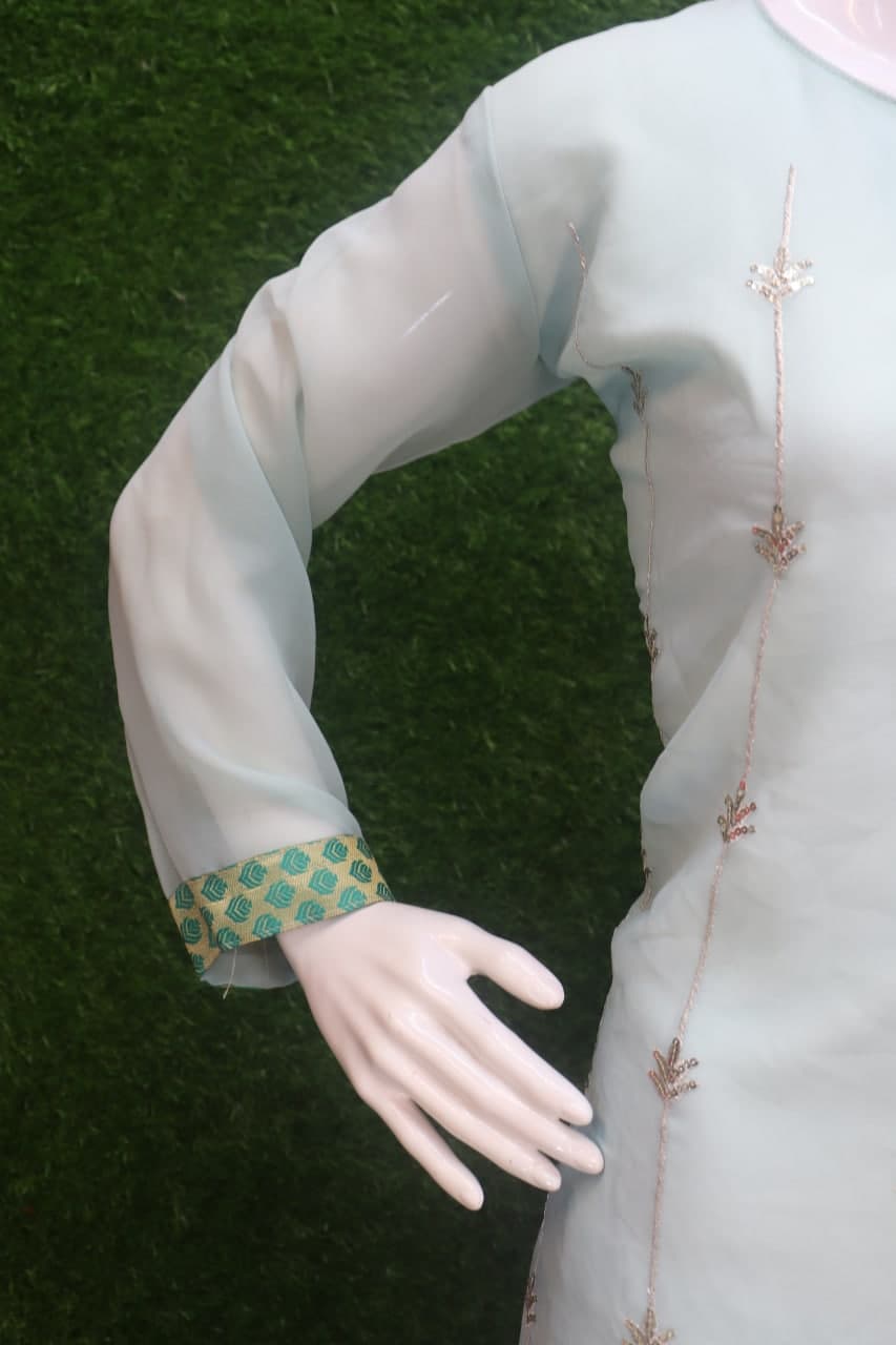 Pista Green Salwar Suit In Georgette Silk With Fancy Thread work