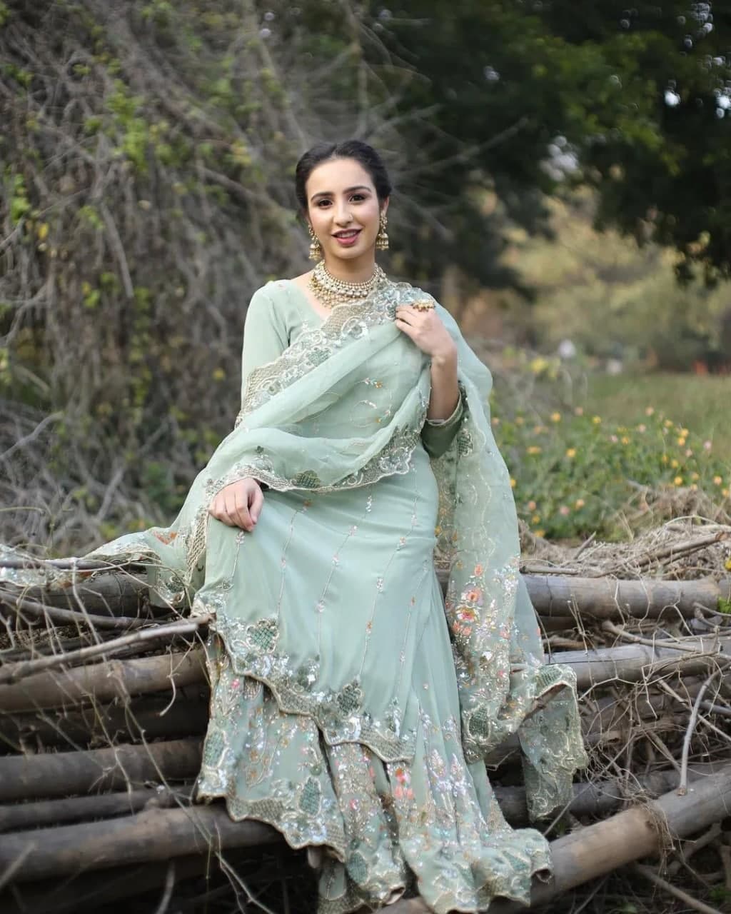Pista Green Salwar Suit In Georgette Silk With Fancy Thread work