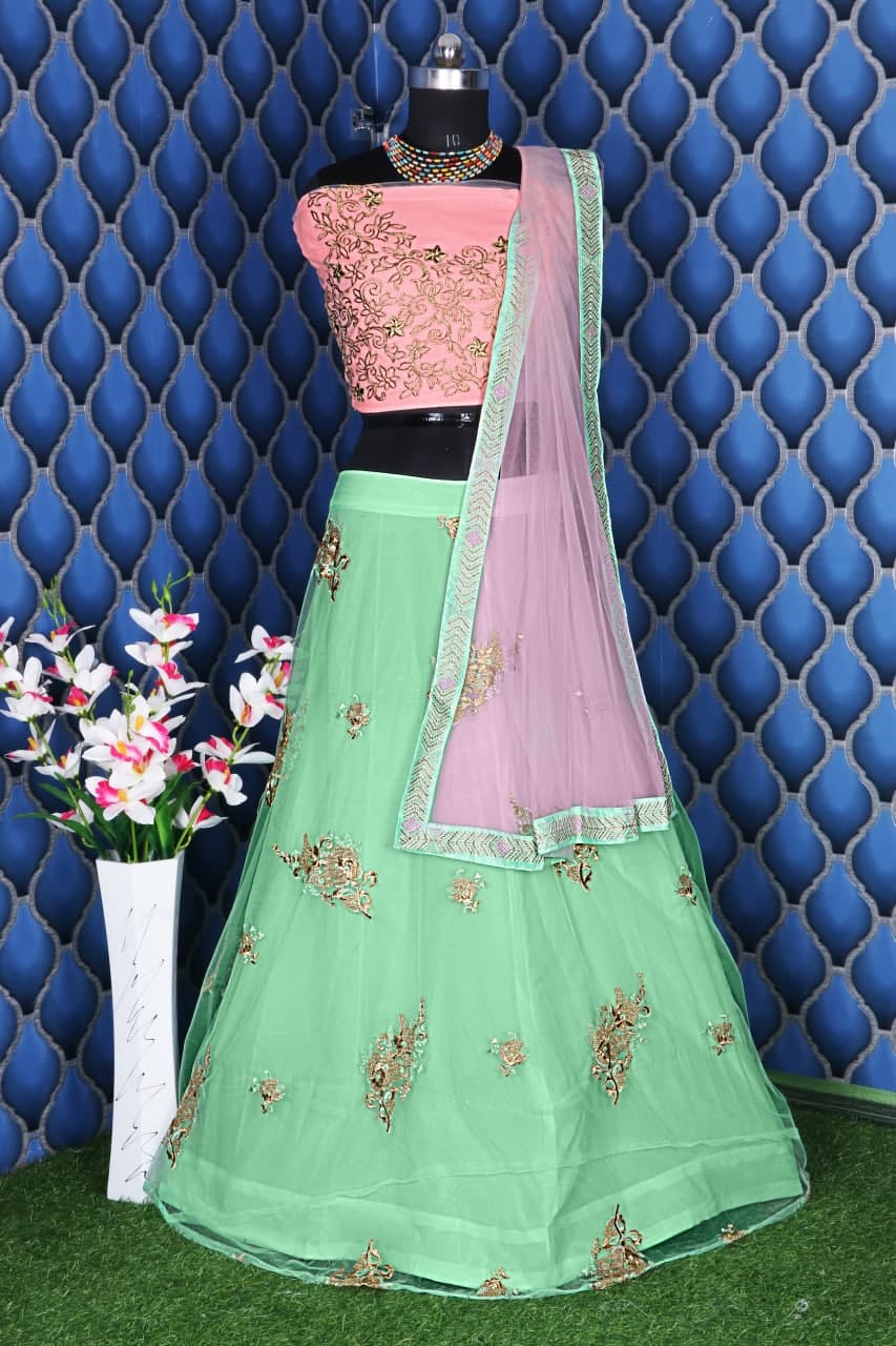 Pista Lehenga Choli In Nylon Mono Net With Embroidery Work