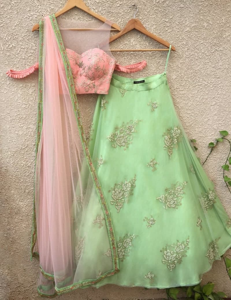 Pista Lehenga Choli In Nylon Mono Net With Embroidery Work