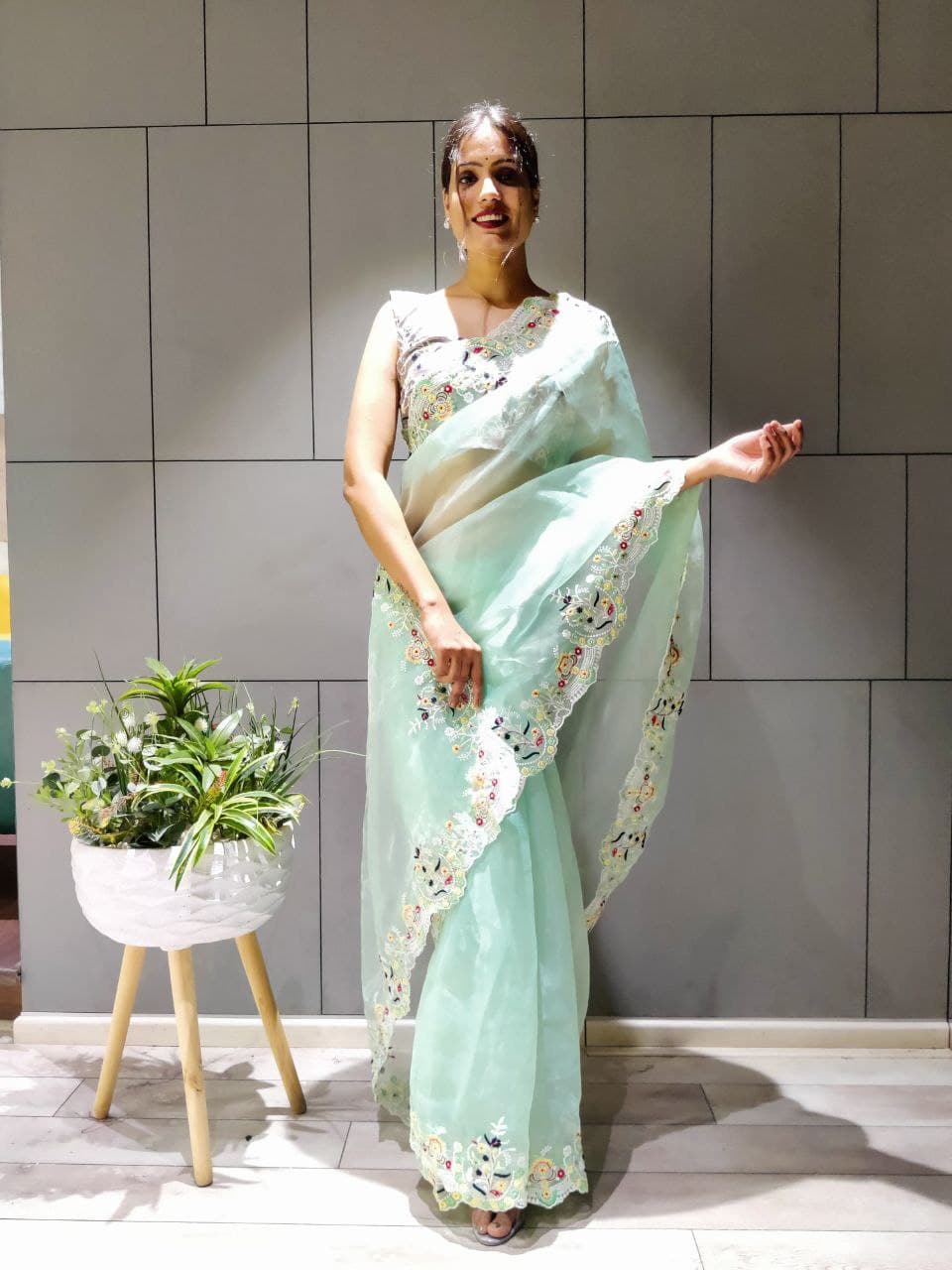 Pista Saree In Organza Silk With Multi Thread Work