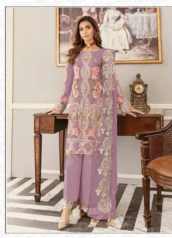 Purple Palazzo Suit In Nylon Mono Net With Embroidery Work