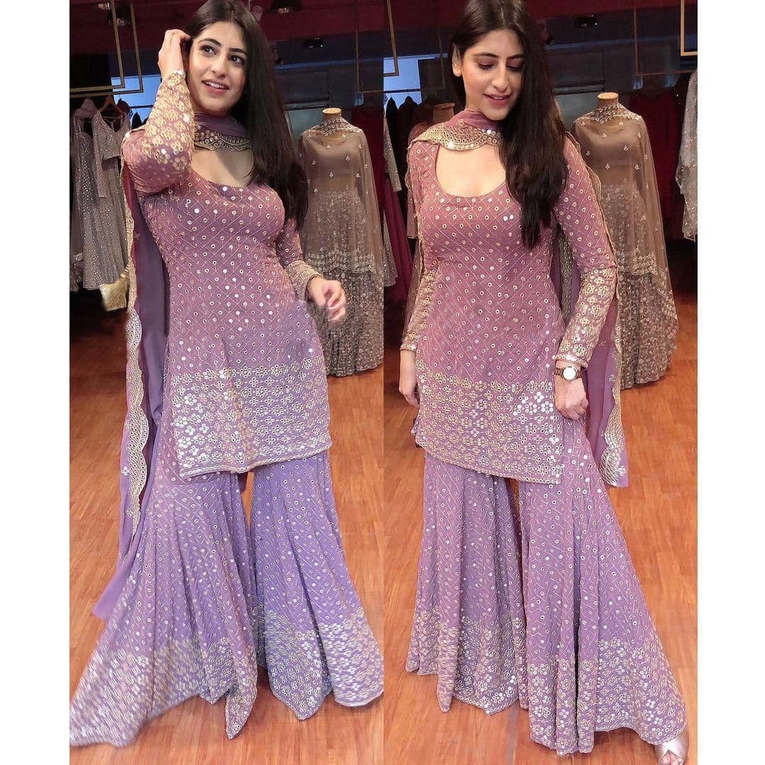 Purple Sharara Suit In 60 GM Georgette Silk With Fancy Thread Work