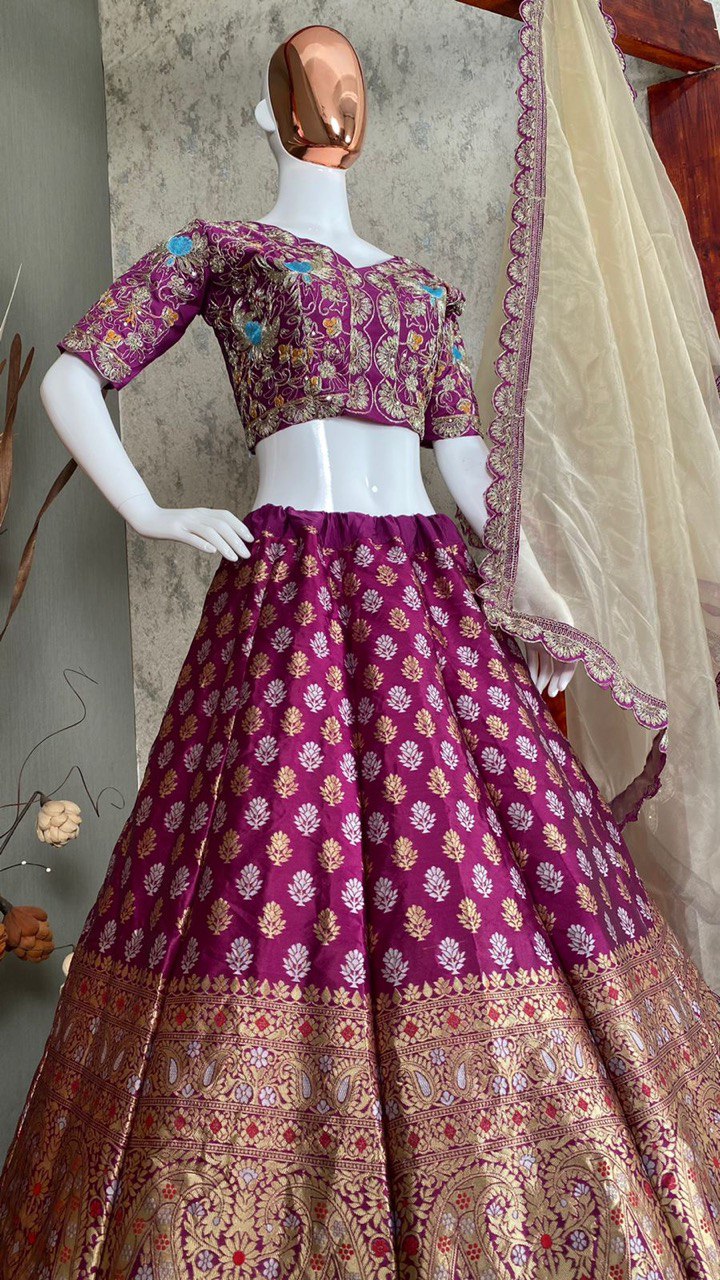 Purple Lehenga Choli In Banarasi Silk With Jacquard Work