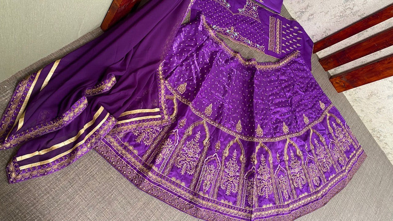 Purple Lehenga Choli In Benglori Satin With Multi Embroidery Work