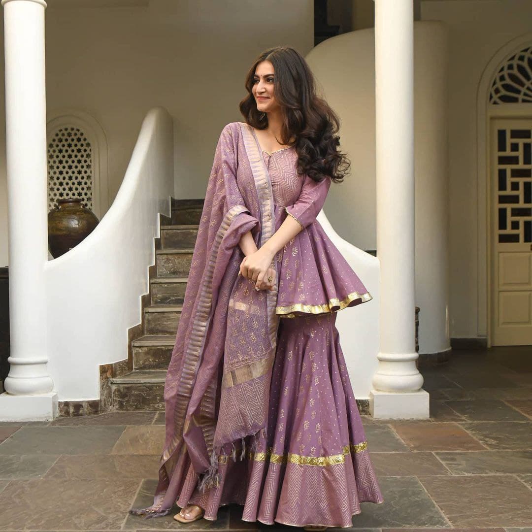 Purple Sharara Suit In Butter Silk With Digital Print