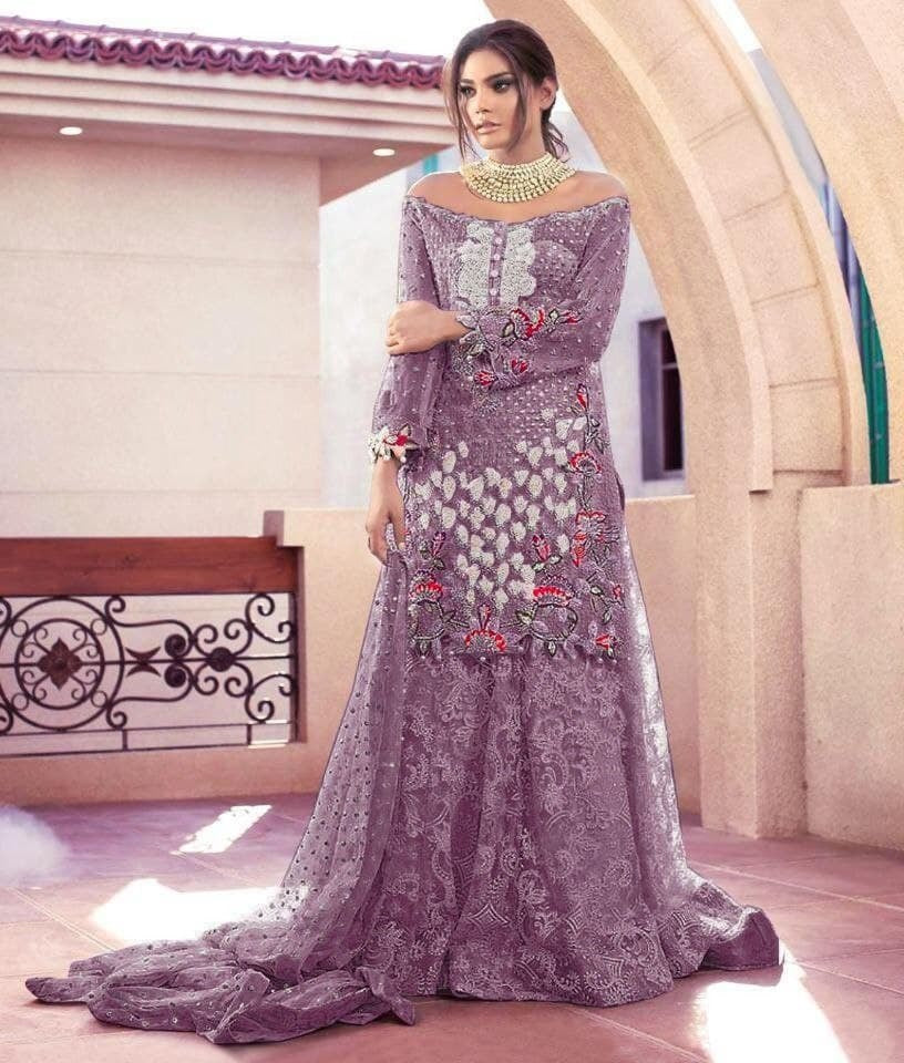 Purple Sharara Suit In Butterfly Mono Net With Embroidery Work