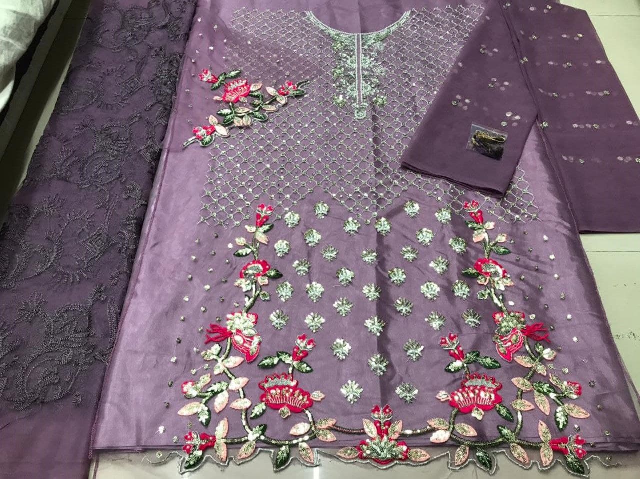 Purple Sharara Suit In Butterfly Mono Net With Embroidery Work