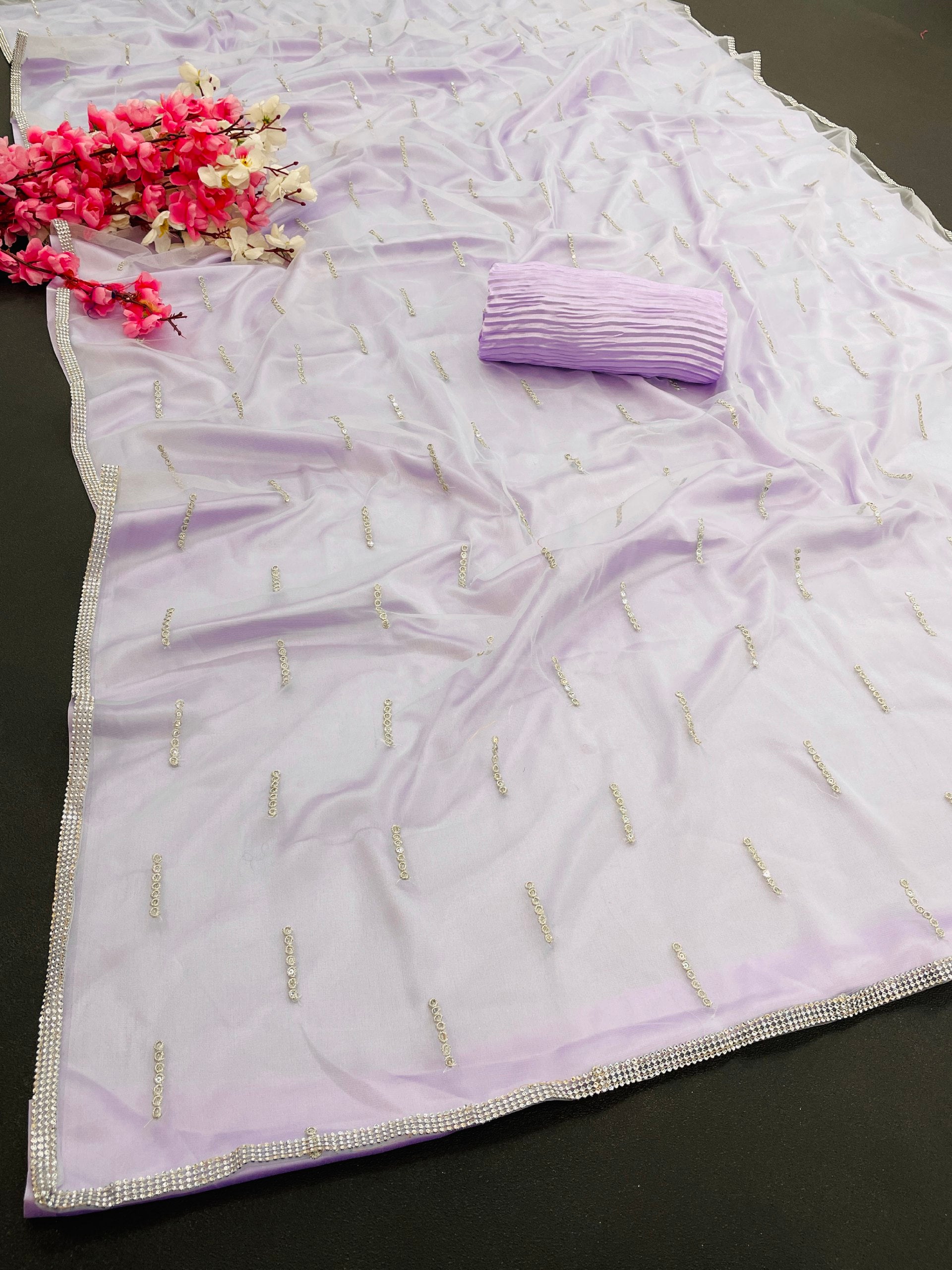 Purple Saree In Butterfly Mono Net With Thread Work