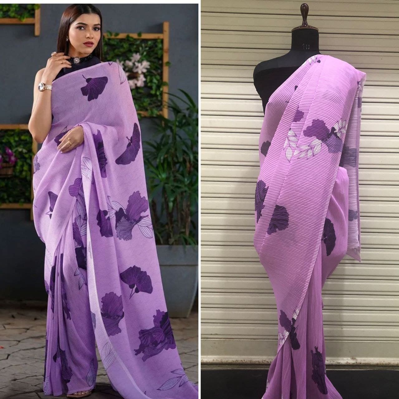 Purple Saree In Fox Georgette With Digital Print