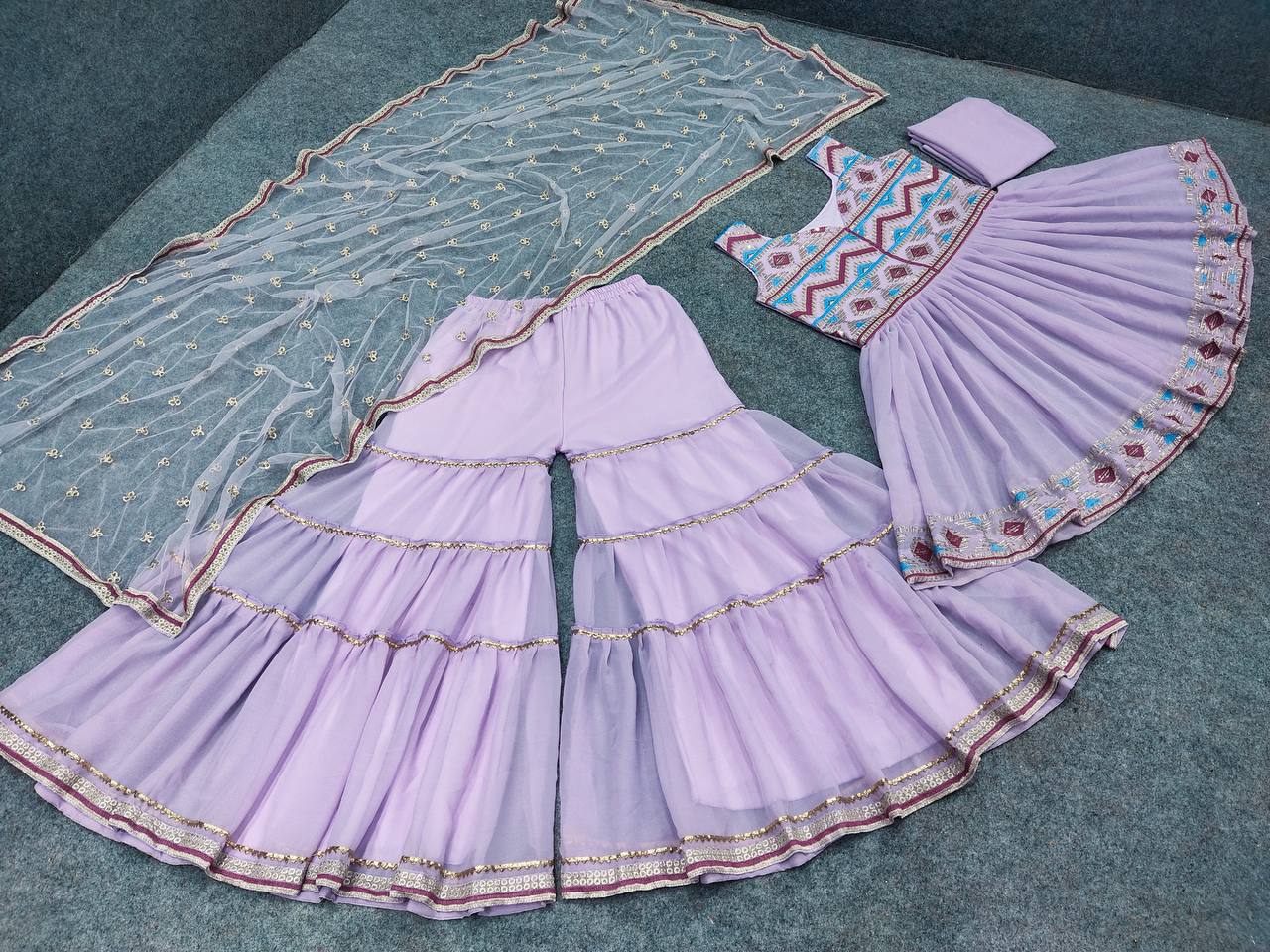 Purple Sharara Suit In Fox Georgette With Embroidery Work