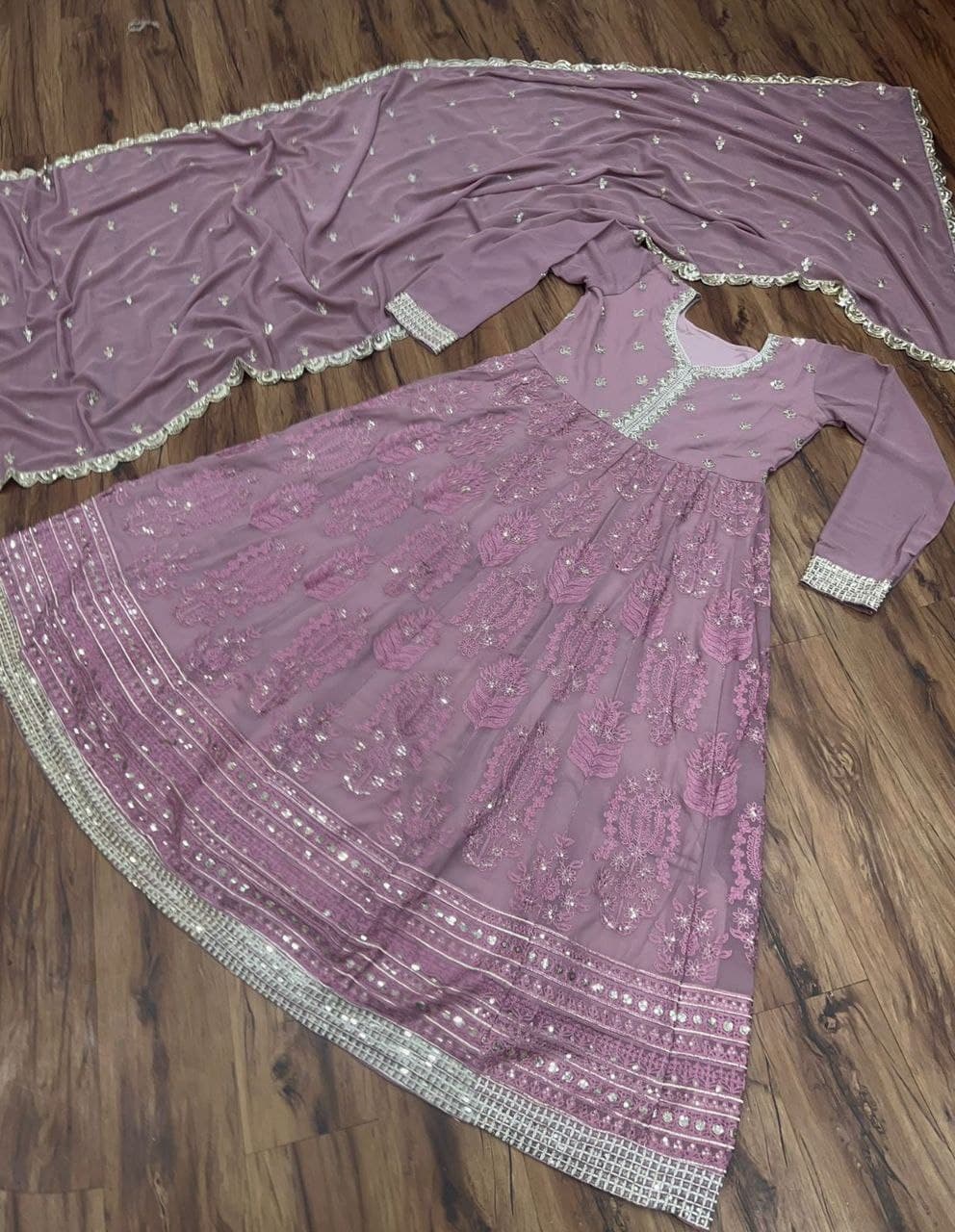 Purple Anarkali Suit In Georgette Silk With Chain Stitch Work