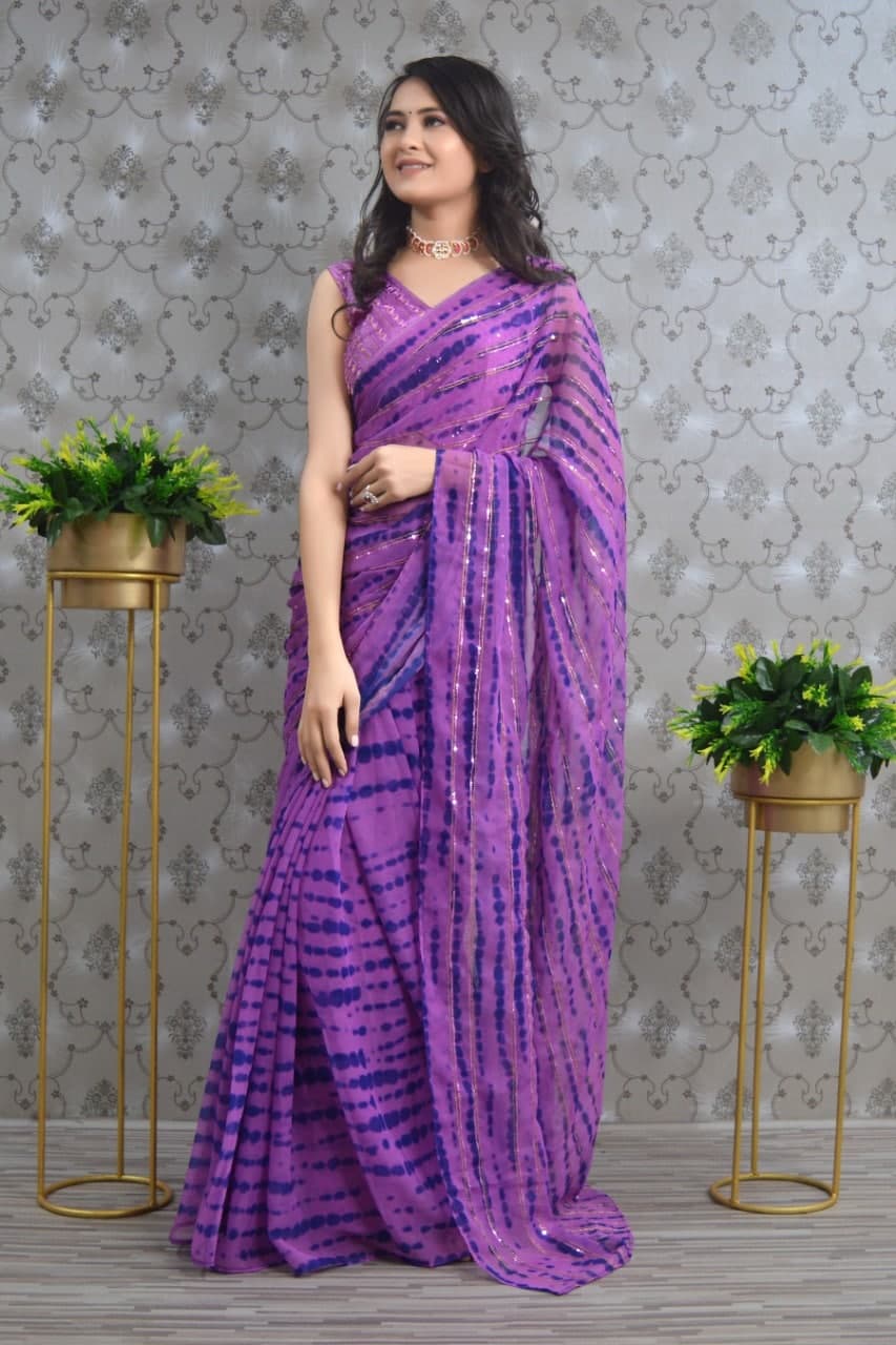 Purple Saree In Georgette Silk With Digital Print