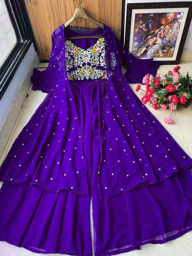 Purple Palazzo Suit In Georgette Silk With Embroidery Work