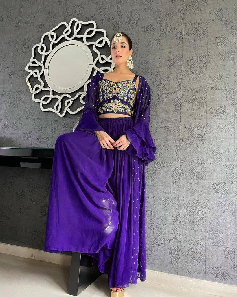 Purple Palazzo Suit In Georgette Silk With Embroidery Work