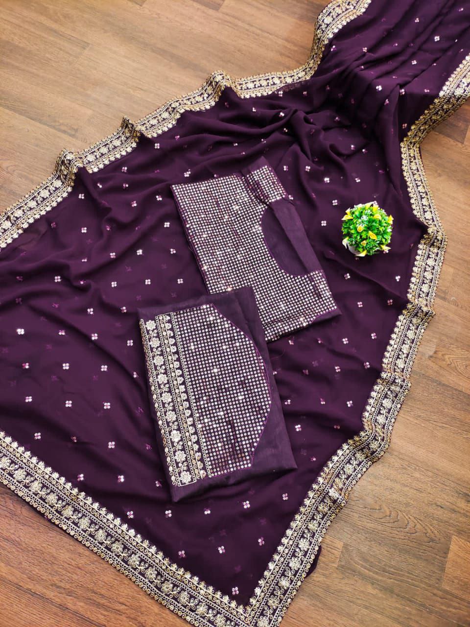 Purple Saree In Georgette Silk With Embroidery Work