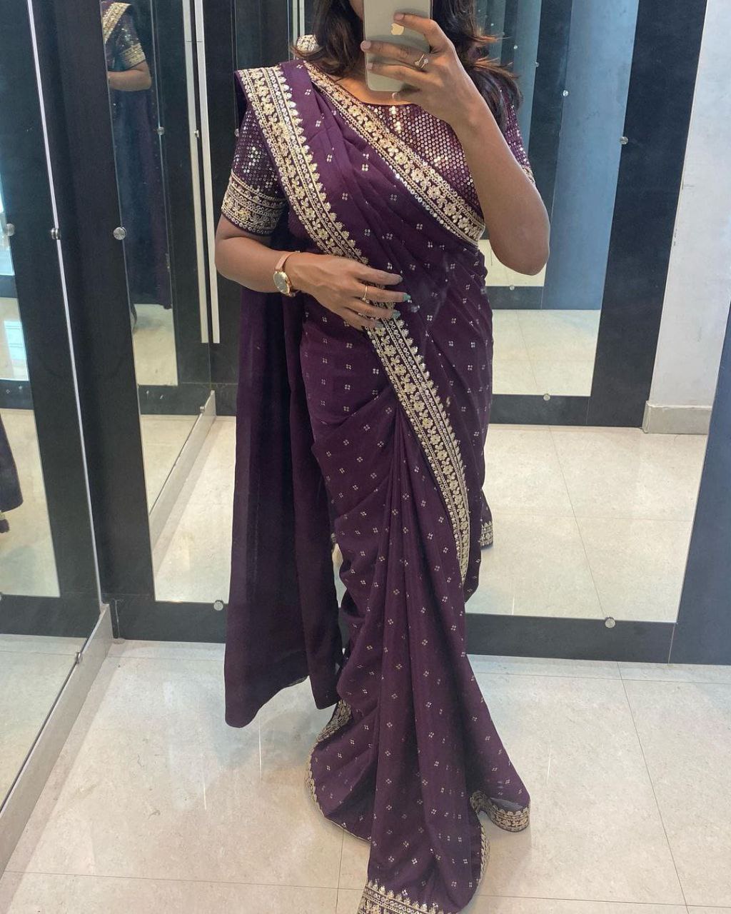 Purple Saree In Georgette Silk With Embroidery Work