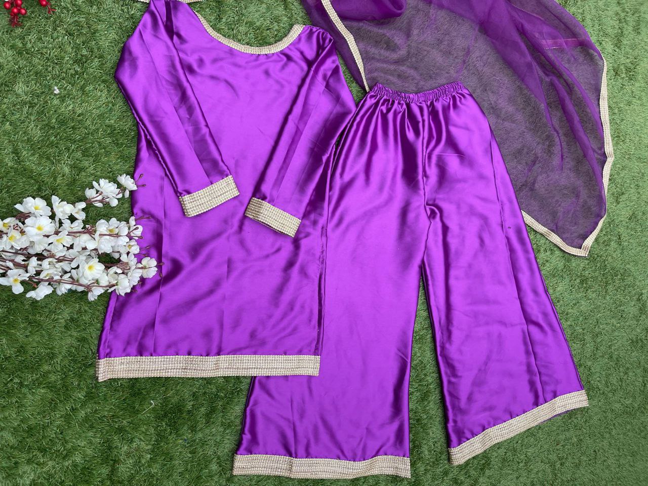 Purple Palazzo Suit In Japan Satin Silk