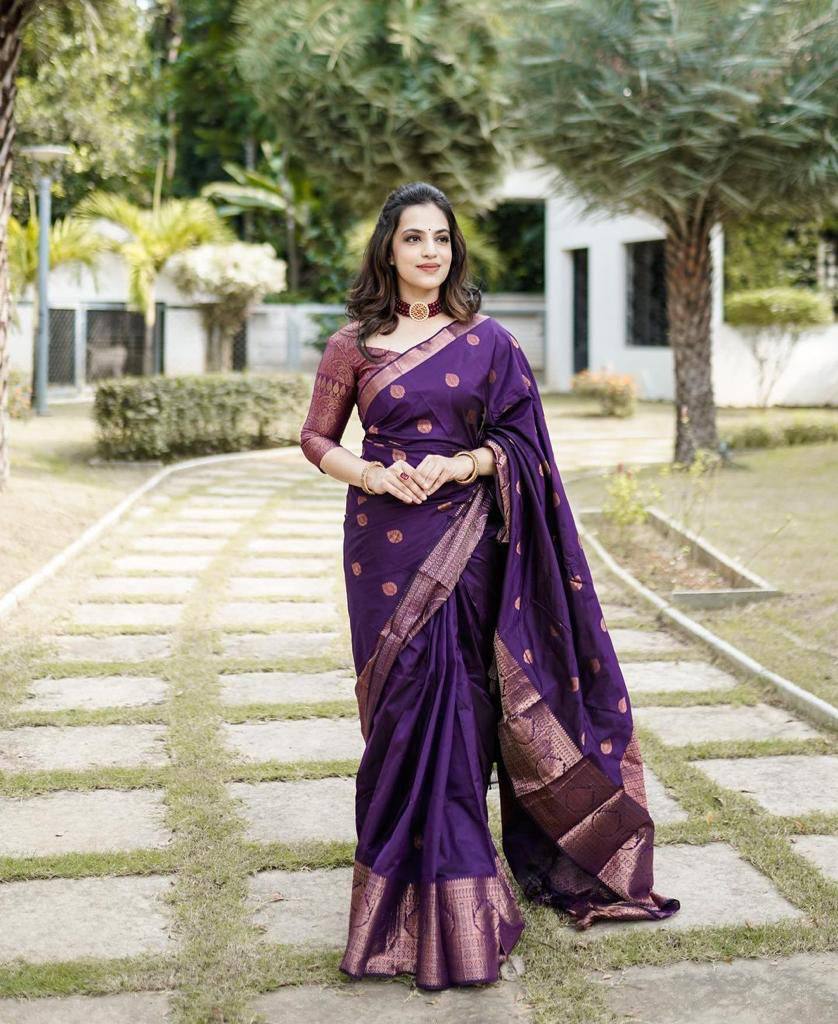 Purple Lichi Silk Banarasi Saree With Blouse