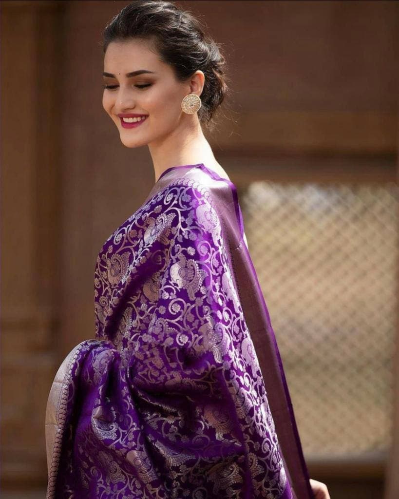 Purple Lichi Silk Banarasi Saree With Blouse