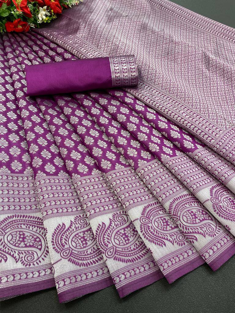 Purple Lichi Silk Banarasi Saree With Blouse