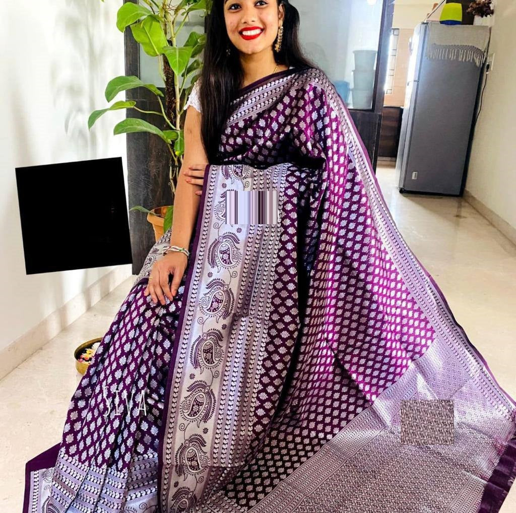 Purple Lichi Silk Banarasi Saree With Blouse