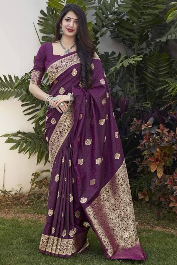 Purple Lichi Silk Banarasi Wedding Wear Saree