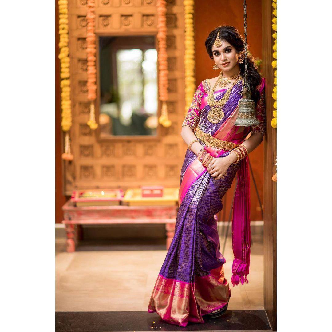 Purple Lichi Silk Wedding Wear Saree With Blouse